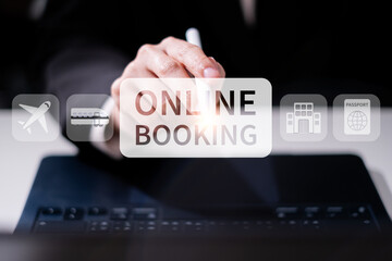 Businessman online booking laptop smartphone digital cyberspace travel technology concept