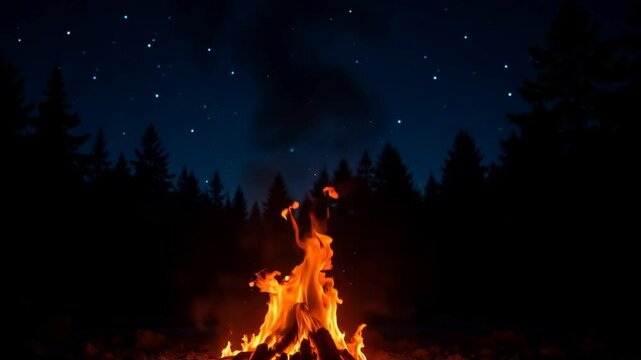 Magical Campfire Glowing in Enchanted Dark Forest, Night Sky Adventure Scene
