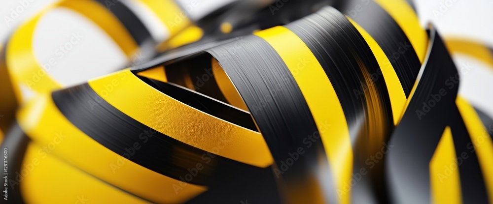 Poster abstract black and yellow ribbons swirling dynamically in 3d space, creating an energetic and modern