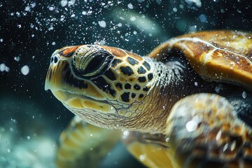 Fototapeta premium Underwater Close-Up of Sea Turtle Amidst Coral Reef - Marine Life Photography and Conservation