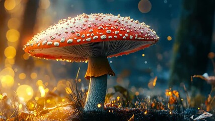 Exploring the vibrant amanita muscaria in a magical forest setting during twilight hours, Amanita muscaria magic mushroom god, ai generated, vertical - Powered by Adobe