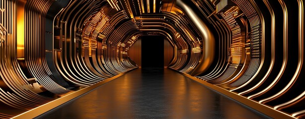 Online Fraud Prevention, Futuristic Cybersecurity Corridor with Art Deco Design and Digital Elements