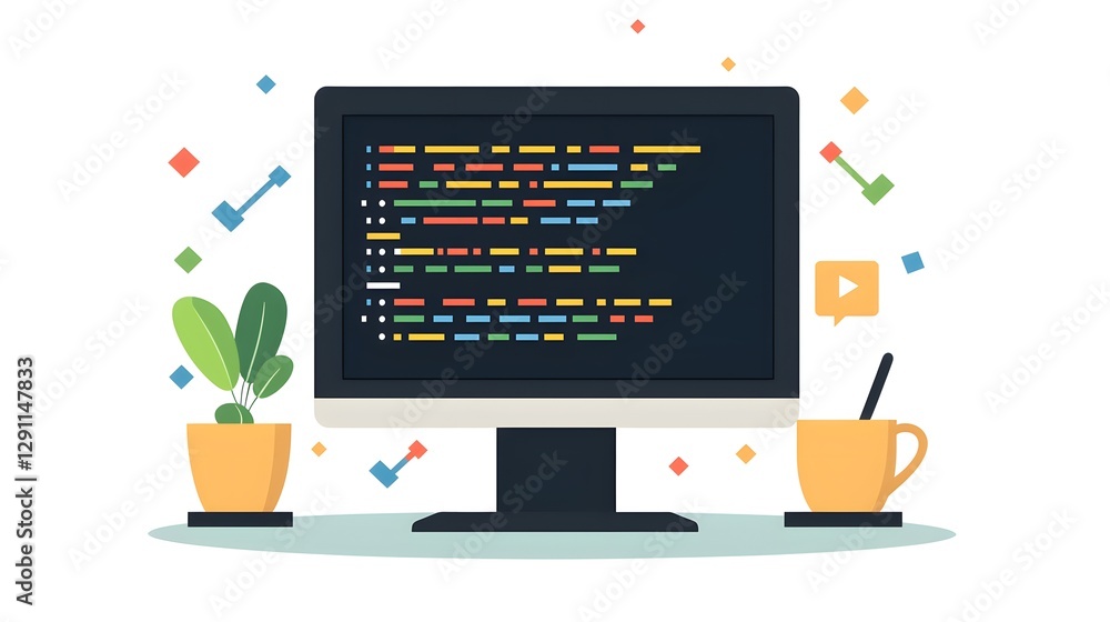 Poster innovative digital programming devices in a modern workspace flat design illustration futuristic env