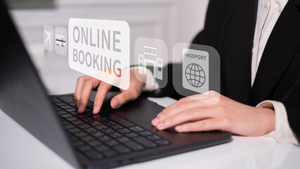 Businessman online booking laptop smartphone digital cyberspace travel technology concept