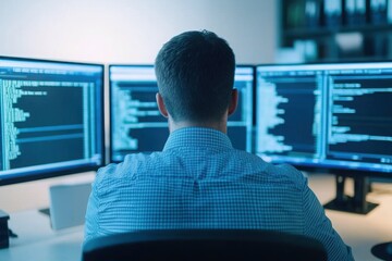 A focused individual working on multiple monitors, immersed in coding and data analysis, showcasing modern programming environments.
