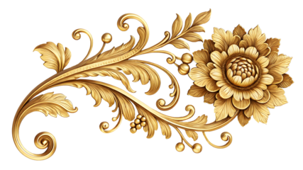Elegant Golden Floral Decorative Element PNG Luxury Design Clipart Transparent Background