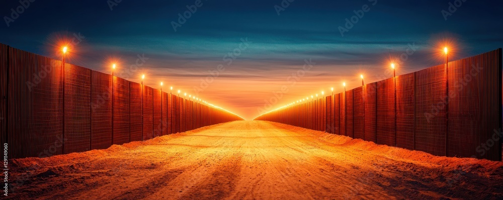 Aufkleber a serene twilight view of a long pathway illuminated by glowing lights.