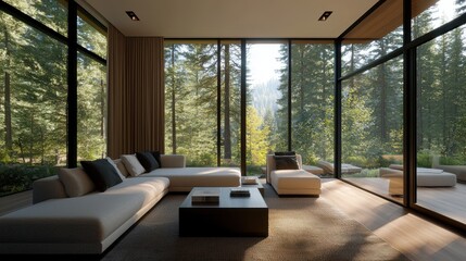 Fototapeta premium A modern living room with large glass windows, showcasing a serene forest view, featuring minimalist furniture and natural light.