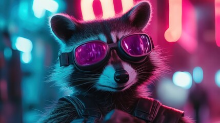 A raccoon character wearing stylish sunglasses stands confidently in a vibrant neon-lit urban environment
