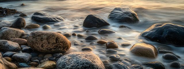 Boulders on the beach at sunset, an amazing landscape photograph
