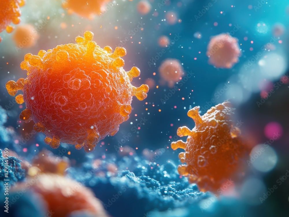 Poster colorful microscopic visualization of virus particles in action with vibrant background and intricat