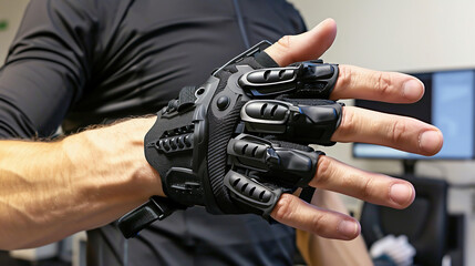 Glove rehabilitation with motor. Physiotherapy exercise for the hand