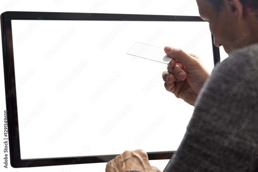 Poster man with credit card doing internet purchase using web banking service. man at computer with payment