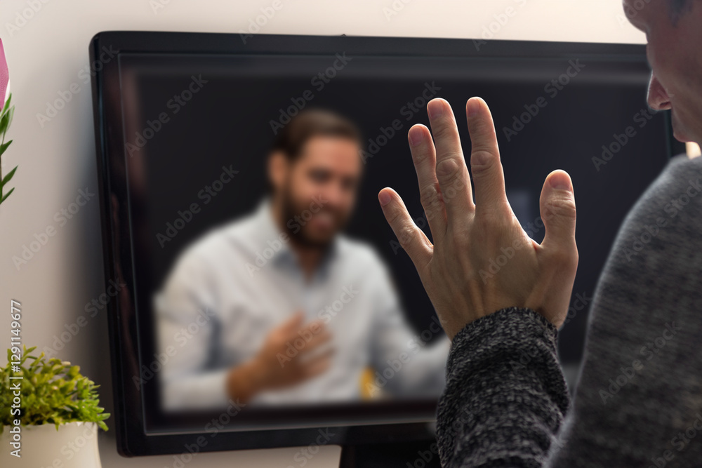 Poster back view of man talking with his male business partner using video call. man working alone on his c