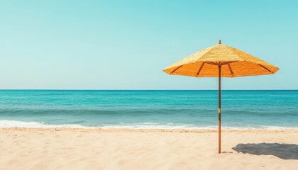 Fototapeta premium A serene beach scene featuring a straw umbrella beside calm turquoise waters, perfect for relaxation and summer vibes.