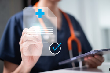 Professional healthcare medical worker holding health with shield icon health insurance concept