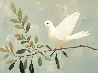 peaceful dove perched on branch, holding olive branch, symbolizes hope and tranquility. soft colors and stylized design evoke sense of calm and harmony