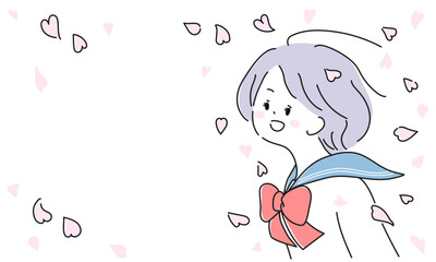 桜吹雪の中のセーラー服の女性イラストフレーム