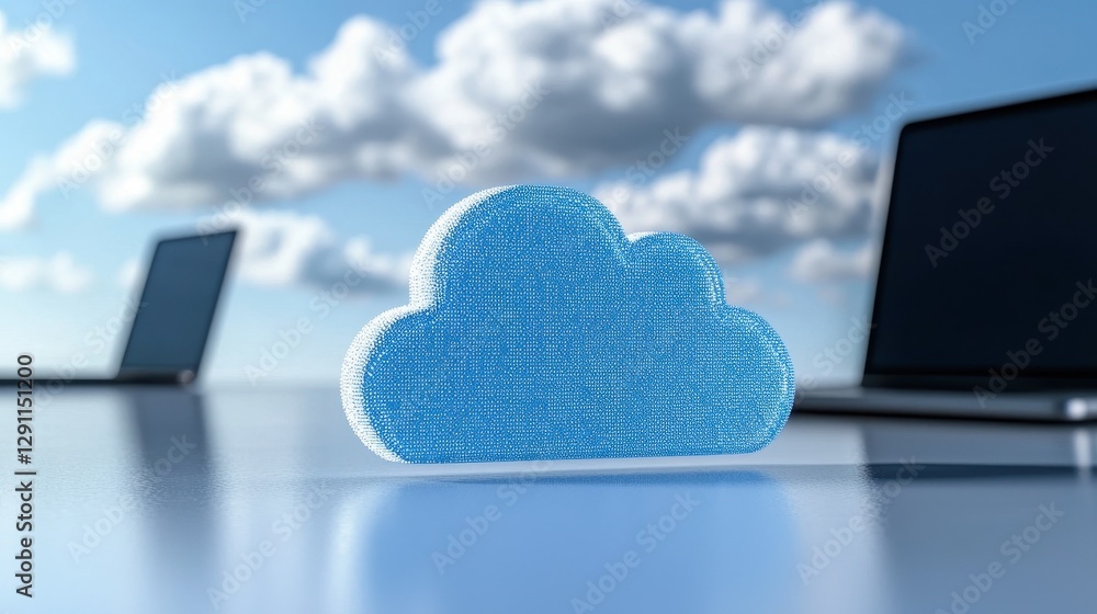 Poster a digital cloud sits between two laptops, symbolizing cloud computing and data storage in a modern t