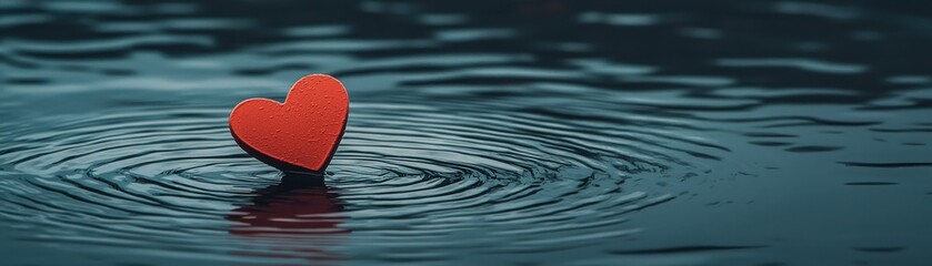 Fototapeta premium A red heart floating on water, symbolizing love and serenity in a calm environment.