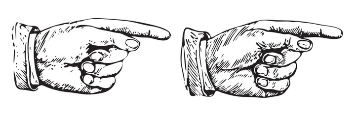 Set of engravings of pointing fingers. Hands pointing symbols.