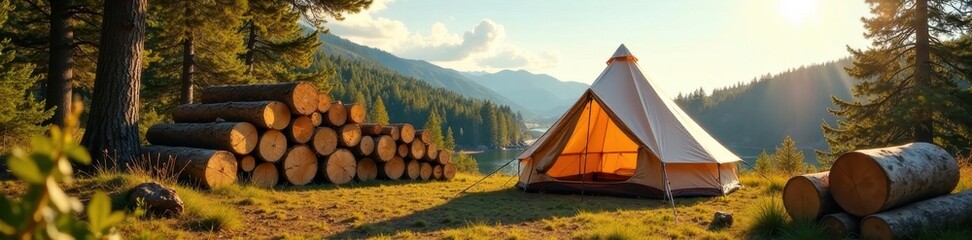 Spacious family tent beside stacked firewood logs under clear sky, tent, gear