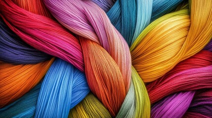 Vibrant strands of colored fibers intertwined, showcasing a rainbow of hues in a textile backdrop