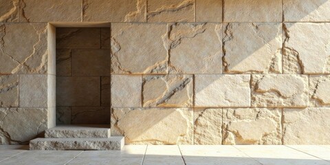 Sunlit Stone Wall with Recessed Entrance and Steps