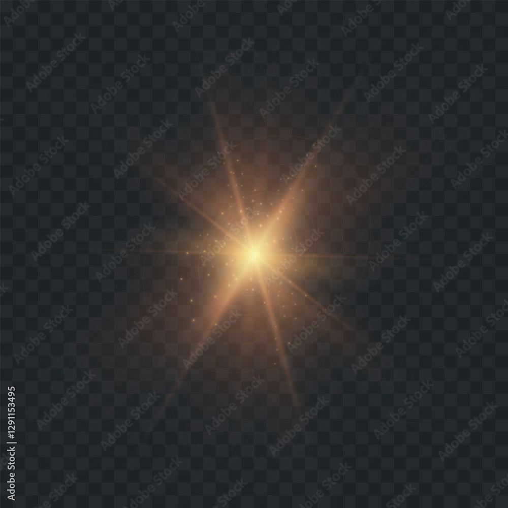 Poster abstract golden vertical glow. bright explosion of light of flickering rays on transparent backgroun