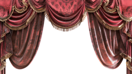 Elegant red curtains with intricate patterns and gold trim