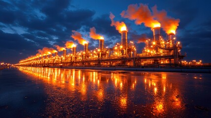Naklejka premium Nighttime refinery, flaming torches, water reflection, industrial landscape, energy production