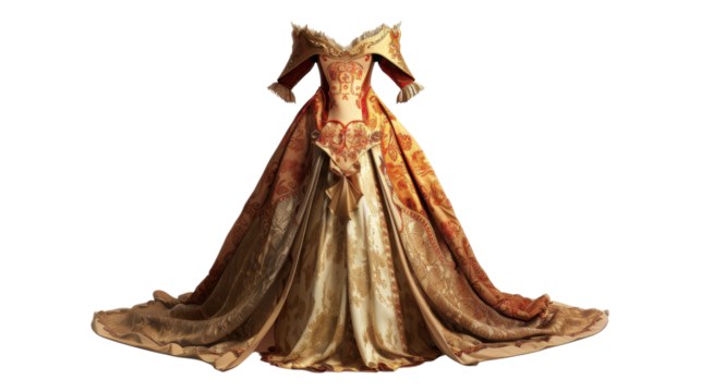 Elegant gown with intricate patterns and flowing fabric
