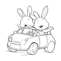Two Bunnies in a Car - Cute Travel Illustration