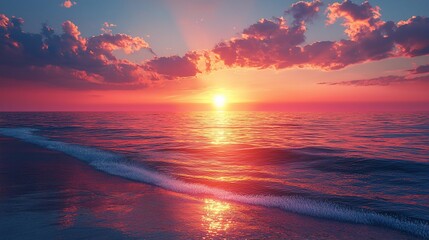 Vibrant sunset over calm ocean beach.