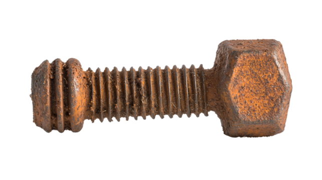 A metal bolt with partial rust coverage, showing industrial aging