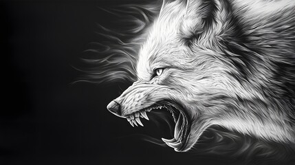 Obraz premium Intense Scratchboard Portrait of a Snarling Wolf with Piercing Eyes Showcasing the Primal Ferocity and Untamed Essence of this Powerful Predator