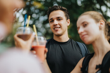 A cheerful gathering of friends enjoying refreshing beverages outdoors, highlighting camaraderie, relaxation, and fitness.