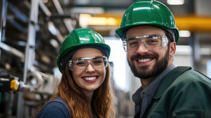 A woman and a man smile while dressed in green helmets and safety glasses in a factory environment, showcasing teamwork and safety