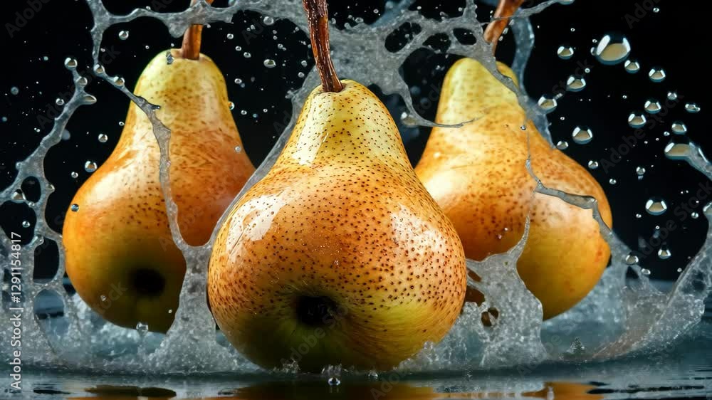 Poster closeup of ripe pears splashing in water creating dynamic droplets and waves, closeup of ripe pears 