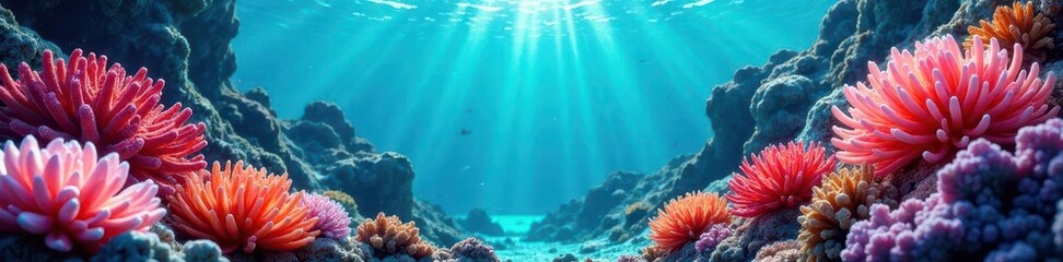 Obraz premium Vibrant coral blooms, textured seascape Abstract underwater scene , surreal, digital