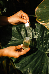 Female hands opening a bottle of natural skin and hair care oil on a background of tropical palm trees. Hands holding pipette with natural vitamin C serum for facial skin