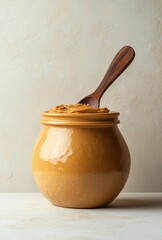 Creamy Peanut Butter in a Rustic Jar with Wooden Spoon Against a Light Textured Background for Culinary and Food Photography