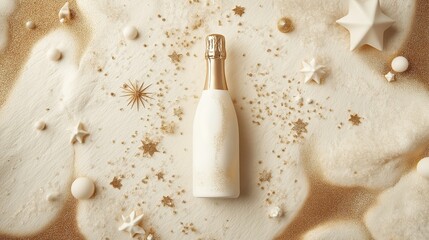 Champagne bottle with gold glitter and confetti, celebrating festive moments in style.