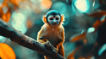 Naklejka premium Playful monkey sitting on a branch amidst vibrant foliage