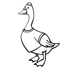 unny goose in T-shirt and docker hat. character bird worker. monochrome line simple illustration isolated on white background 