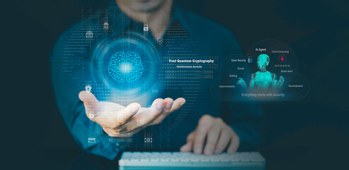 Agentic AI Cyber Security concept. Post Quantum Cryptography, Everything starts with security, editing development, and designing scam alert cloud Computing, Improvements, artificial intelligence