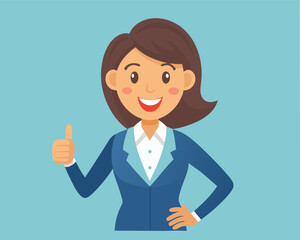 Vector cartoon flat illustration of young smiling Confident Businesswoman in Suit: Thumbs Up