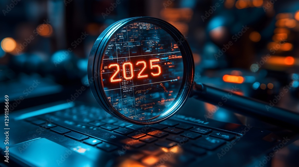 Poster futuristic digital concept of 2025 with a magnifying glass focusing on a glowing numeric display ove
