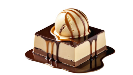 Fototapeta premium Chocolate and Vanilla Ice Cream Cake with Dripping Chocolate Sauce – A High-Quality PNG Image with a Transparent Background for Versatile Use