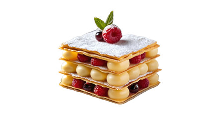 Classic Mille-Feuille Pastry with Vanilla Cream, Caramel, and Raspberry &ndash; A High-Quality PNG Image with a Transparent Background for Versatile Use